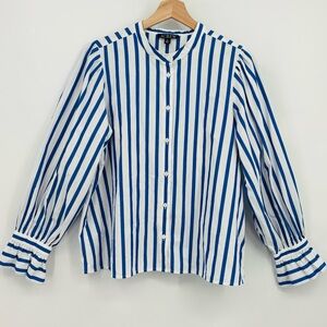 J Crew striped ruffle cuff button front shirt banded collar nautical blouse Med